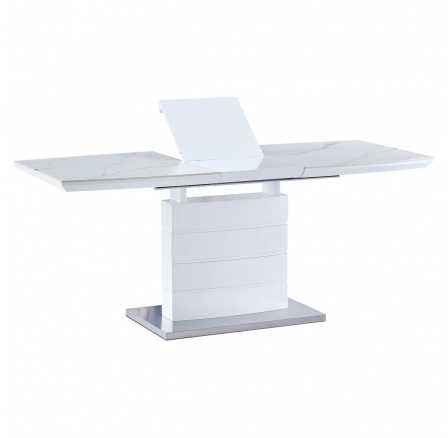 Jídelní stůl 140+40x80 cm, keramická deska bílý mramor, MDF, bílý matný lak