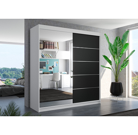 Šatní skříň s posuvnými dveřmi a zrcadlem OLIVER 200 Bílá+Černá