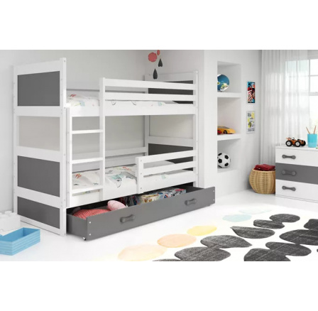 Dětská patrová postel RICO se šuplíkem 90x200 cm, včetně matrací, Bílá/Grafit Dětská patrová postel RICO se šuplíkem 90x200 cm, včetně matrací, Bílá/Grafit
