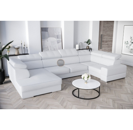 Rohová Kožená sedací souprava s funkcí spaní ROYAL MAX I 210x375x185 - Pravá strana, Bílá kůže