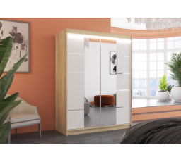 Posuvná skříň se zrcadlem a LED osvětlením NORDIC 150 Sonoma+Bílá