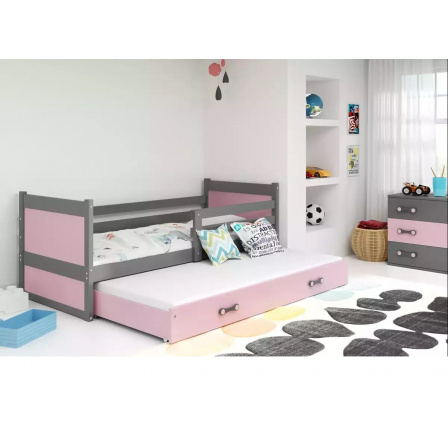 Dětská postel RICO s přistýlkou 90x200 cm, s matracemi, Grafit/Růžová