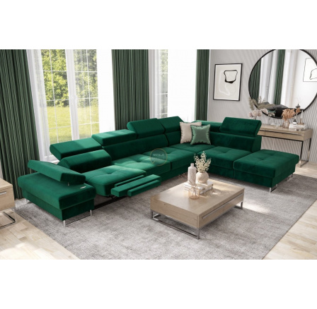 Rohová sedací souprava GALAXY , relax s funkcí spaní 225X350 cm - zelená , pravá