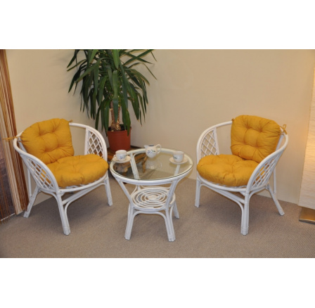 Ratanová sedací souprava Bahama bílá 2+1, polstry žlutý melír Ratanová sedací souprava Bahama bílá 2+1, polstry žlutý melír