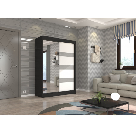 Posuvná skříň se zrcadlem a lacobelem TOURA 150 Černá+Bílá