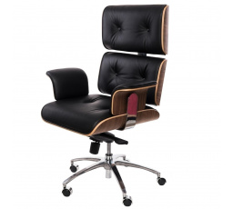 Kancelářské křeslo VIP černá kůže, ořechová dýha, chrom