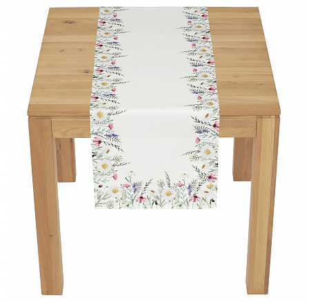 Běhoun - vzor lučních květin, bílý střed, 100 % polyester, 40 x 150 cm