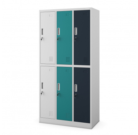 Kovová uzamykatelná šatní skříňka šedo-vicebarevná: s 6 boxy IGOR, 900 x 1850 x 450 mm