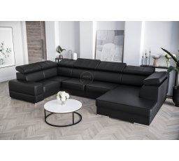 Rohová Kožená sedací souprava s funkcí spaní ROYAL MAX I 210x375x185 - Levá strana, černá kůže