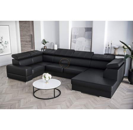 Rohová Kožená sedací souprava s funkcí spaní ROYAL MAX I 210x375x185 - Levá strana, černá kůže