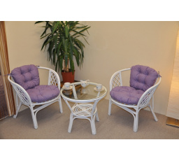 Ratanová sedací souprava Bahama bílá 2+1, polstry fialový melír