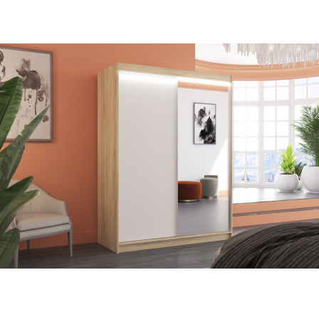 Posuvná skříň se zrcadlem a LED osvětlením JORDI 150 Sonoma+Bílá