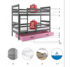 Dětská patrová postel ERYK se šuplíkem 90x200 cm, bez matrace, Grafit/Růžová