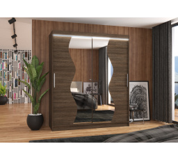 Šatní skříň s posuvnými dveřmi, zrcadlem a LED osvětlením MEDISON 180 Choco+Choco
