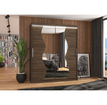Šatní skříň s posuvnými dveřmi, zrcadlem a LED osvětlením MEDISON 180 Choco+Choco