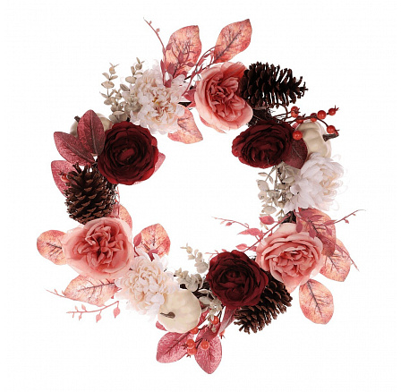 Věnec umělý - pr. 50 cm, květiny, šišky, bobule a listí