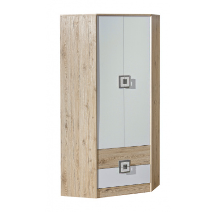Rohová šatní skříň NICO 02, Světlý Dub/Bílá/Šedá