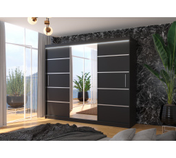 Šatní skříň s posuvnými dveřmi, zrcadlem a LED osvětlením SALTO 250 Černá+Černá