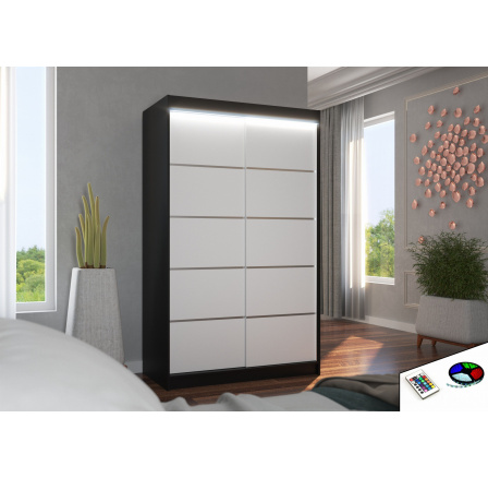 Šatní skříň s posuvnými dveřmi a LED osvětlením BENISSO 120 Černá+Bílá Šatní skříň s posuvnými dveřmi a LED osvětlením BENISSO 120 Černá+Bílá