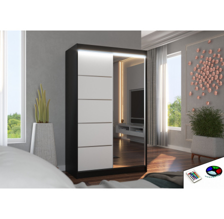 Posuvná skříň se zrcadlem a LED osvětlením NICEA 120 Černá+Bílá
