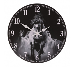 Hodiny nástěnné - pr. 34 cm, MDF, černo-bílé, motiv koní