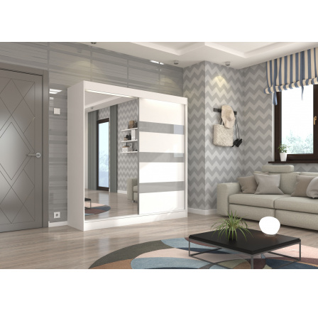 Posuvná skříň se zrcadlem a lacobelem TOURA 200 Bílá+Šedý Lacobel