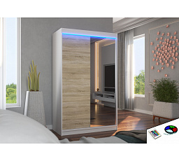 Posuvná skříň se zrcadlem a LED osvětlením REWENA 120 Bílá+Sonoma