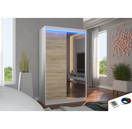 Posuvná skříň se zrcadlem a LED osvětlením REWENA 120 Bílá+Sonoma Posuvná skříň se zrcadlem a LED osvětlením REWENA 120 Bílá+Sonoma
