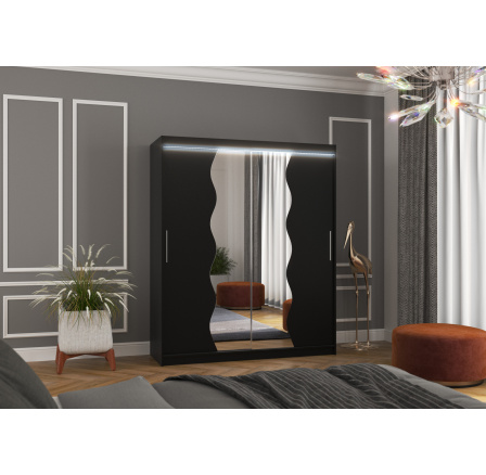 Posuvná skříň se zrcadlem a LED osvětlením KANSAS 180 Černá+Černá