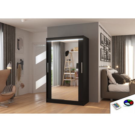 Posuvná skříň se zrcadlem a LED osvětlením TIBAGO 120 Černá+Černá