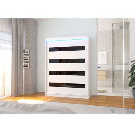 Posuvná skříň s lacobelem a LED osvětlením MARTINEZ 150 Bílá+Černý Lacobel