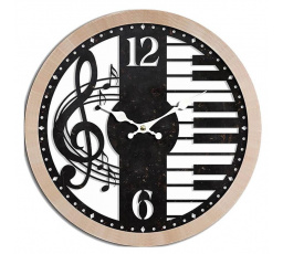Hodiny nástěnné - pr. 60 cm, MDF a kov, houslový klíč a klávesy