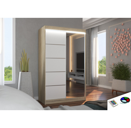 Posuvná skříň se zrcadlem a LED osvětlením NICEA 120 Sonoma+Bílá