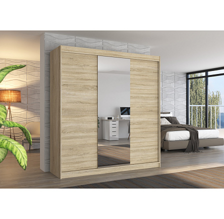 Šatní skříň s posuvnými dveřmi a zrcadlem SANTIAGO 200 Sonoma+Sonoma