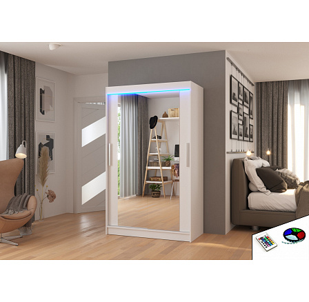 Posuvná skříň se zrcadlem a LED osvětlením TIBAGO 120 Bílá+Bílá Posuvná skříň se zrcadlem a LED osvětlením TIBAGO 120 Bílá+Bílá