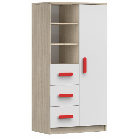 Regál 80 3S1D SMYK III - 05, Dub Sonoma/Bílá/Červená