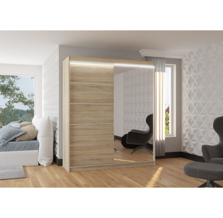 Posuvná skříň se zrcadlem a LED osvětlením CARO 180 Sonoma+Sonoma