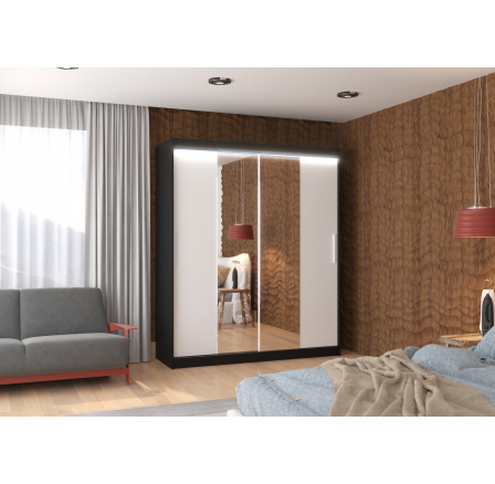 Posuvná skříň se zrcadlem a LED osvětlením DALLAS 180 Černá+Bílá