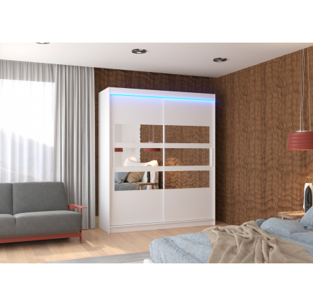 Posuvná skříň se zrcadlem a LED osvětlením TOLEDO 180 Bílá+Bílá