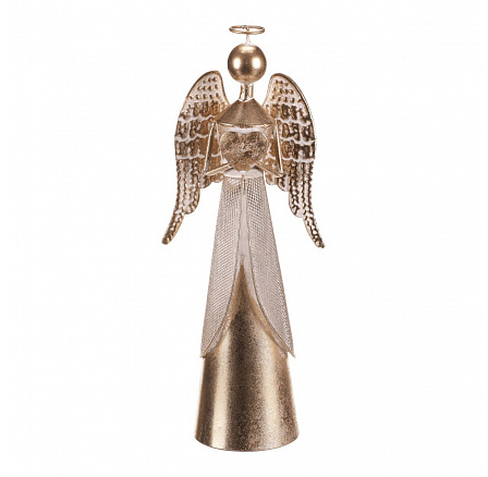 Anděl kovový - 42 cm, se srdcem v rukou, zlatý