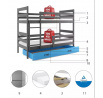 Dětská patrová postel ERYK se šuplíkem 90x200 cm, bez matrace, Grafit/Modrá