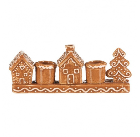 Svícen perníkový - keramika, na 2 kónické svíčky, domky a stromek