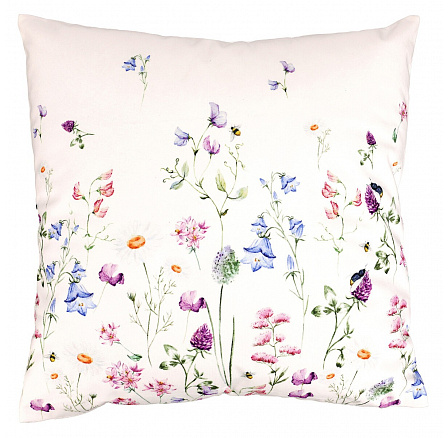 Polštář s výplní - barevné luční kvítí, bílý základ, sametový, 45 x 45 cm
