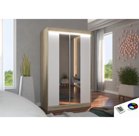 Posuvná skříň se zrcadlem a LED osvětlením MARVIN 120 Sonoma+Bílá