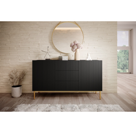 Komoda Nicole 150 cm se třemi zásuvkami - matná černá / zlaté nohy