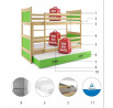 Dětská patrová postel RICO 3 s přistýlkou 90x200 cm, včetně matrací, Přírodní/Zelená