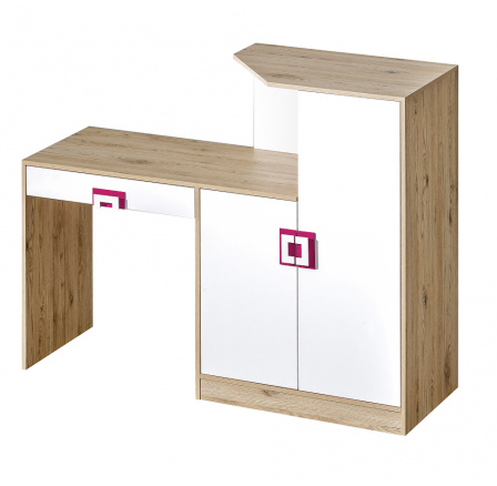 Psací stůl s komodou NICO 11, Světlý Dub/Bílá/Růžová