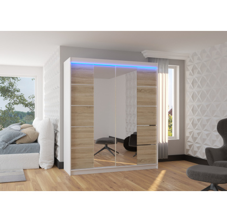 Posuvná skříň se zrcadlem a LED osvětlením TRAVES 180 Bílá+Sonoma