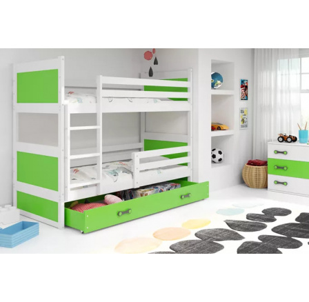 Dětská patrová postel RICO se šuplíkem 90x200 cm, včetně matrací, Bílá/Zelená Dětská patrová postel RICO se šuplíkem 90x200 cm, včetně matrací, Bílá/Zelená