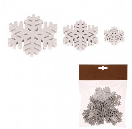 Sněhové vločky - dřevo, mix 3 velikostí, bílé, cena za balení (18 ks)